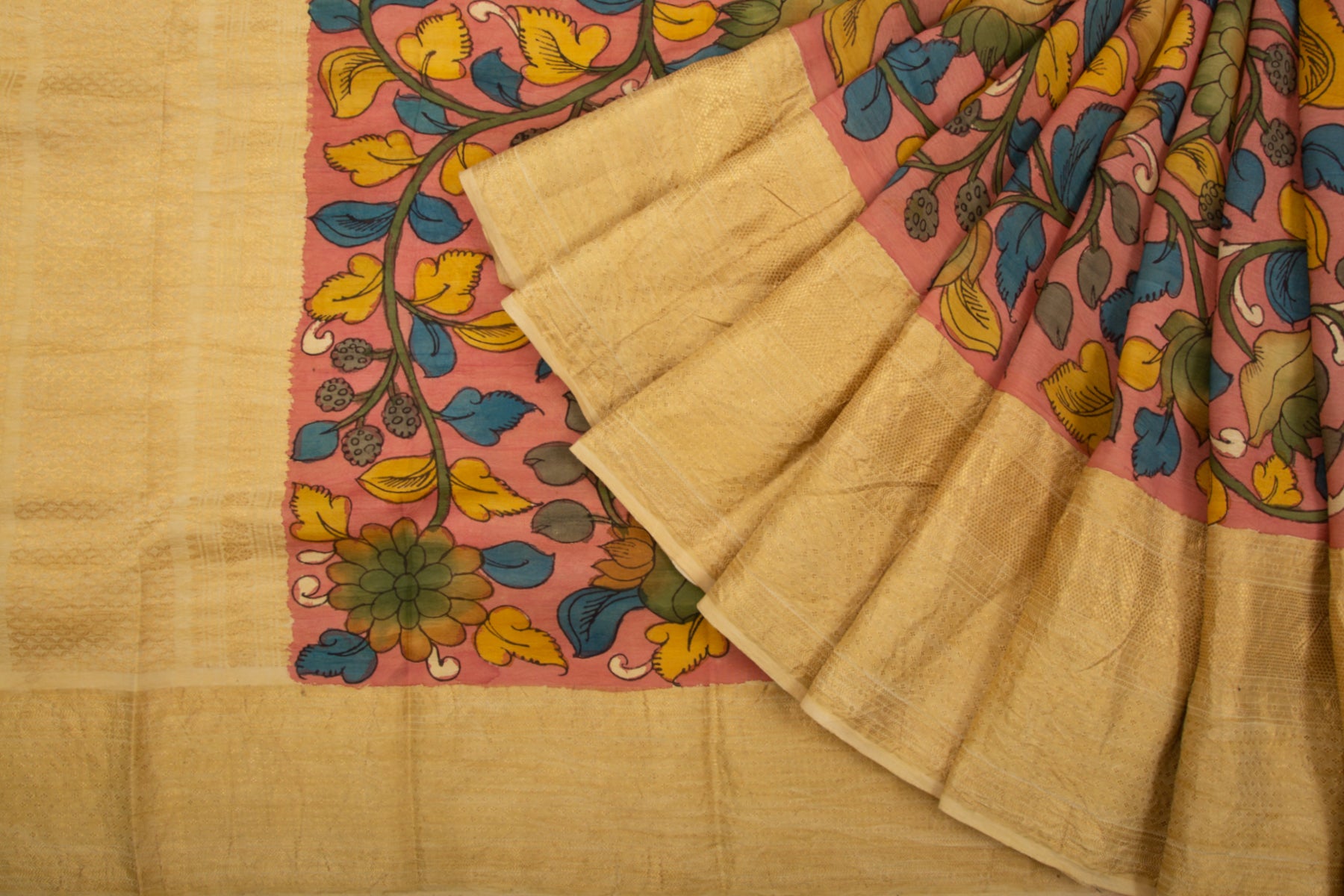 Kanchipuram Silk Kalamkari Peach Saree