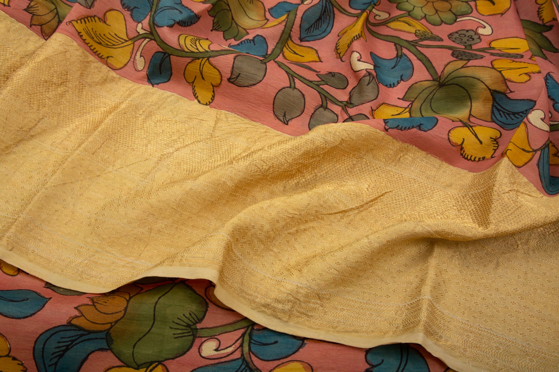 Kanchipuram Silk Kalamkari Peach Saree