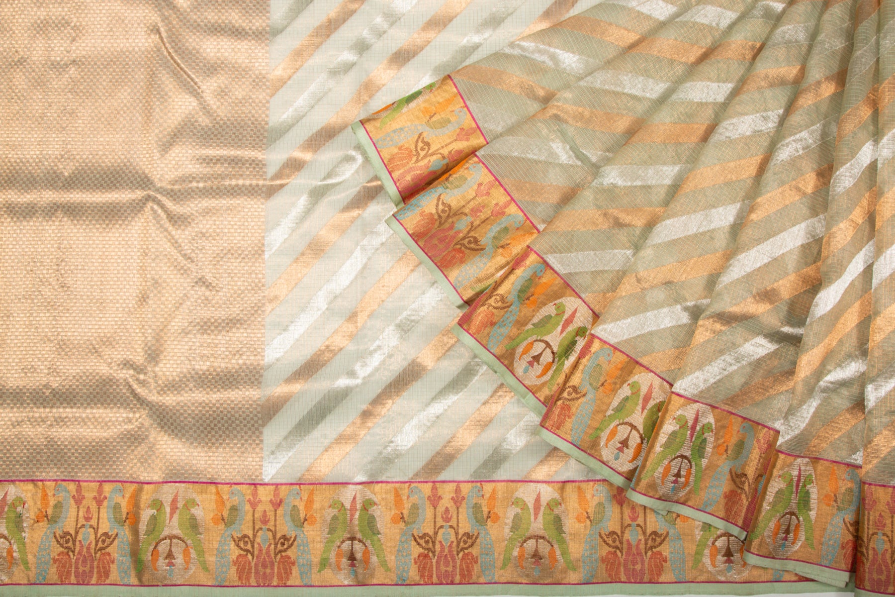 Kota Silk Tissue Diagonal Lines Pastel Green Saree