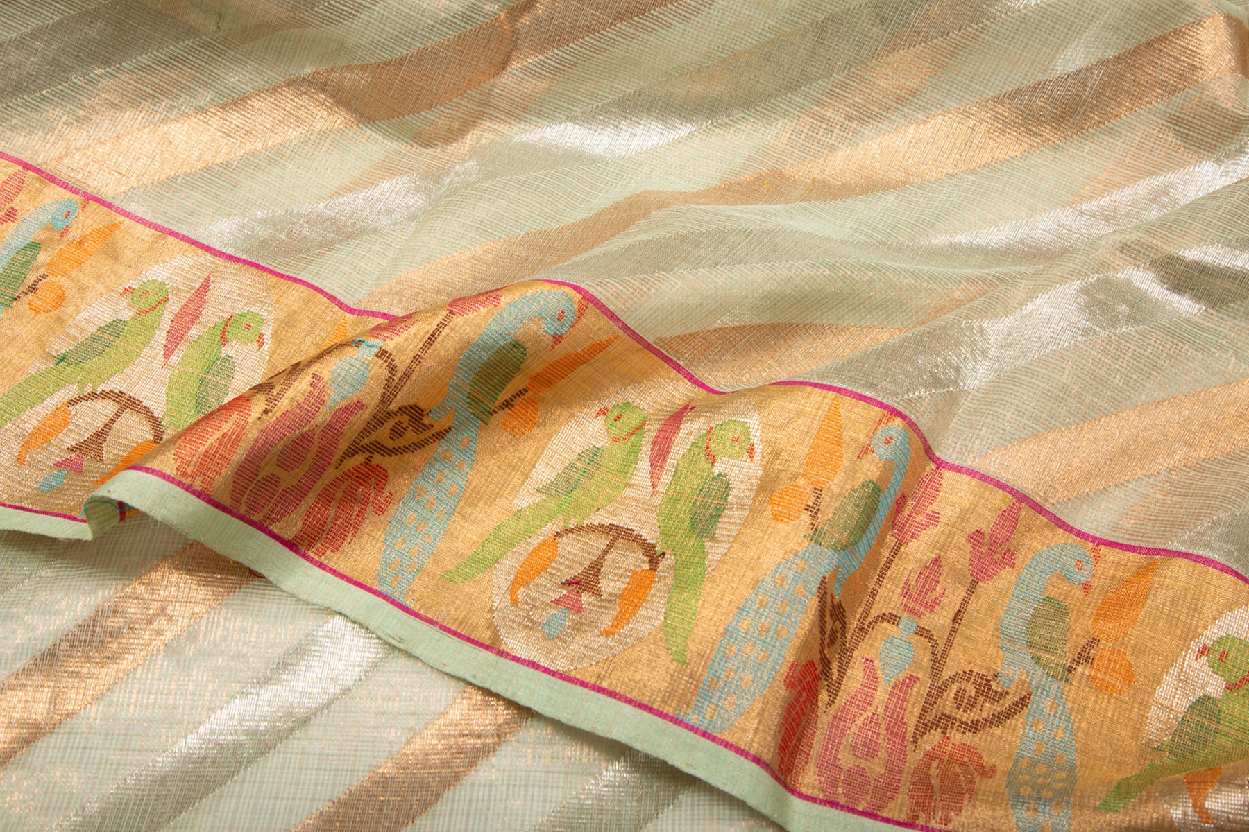 Kota Silk Tissue Diagonal Lines Pastel Green Saree