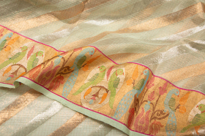 Kota Silk Tissue Diagonal Lines Pastel Green Saree