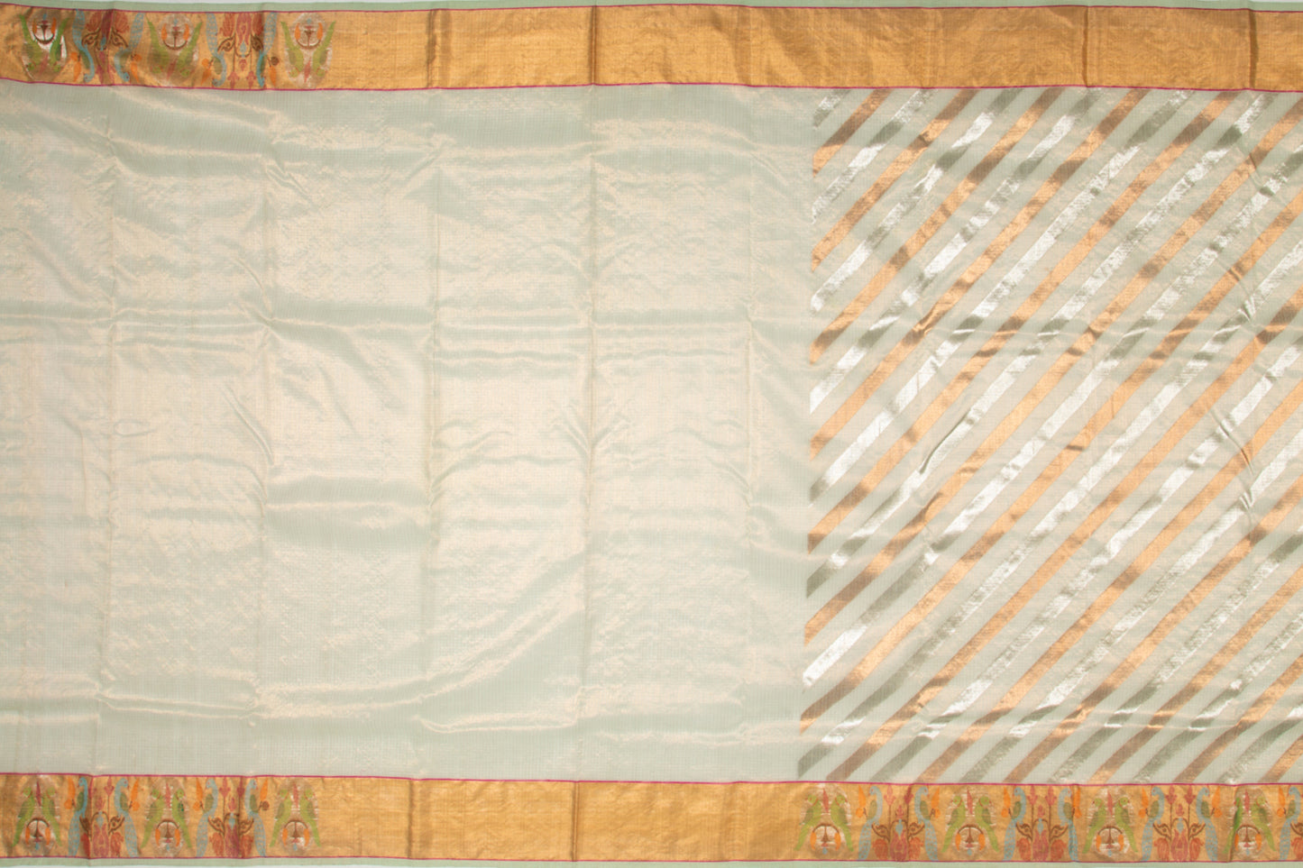 Kota Silk Tissue Diagonal Lines Pastel Green Saree