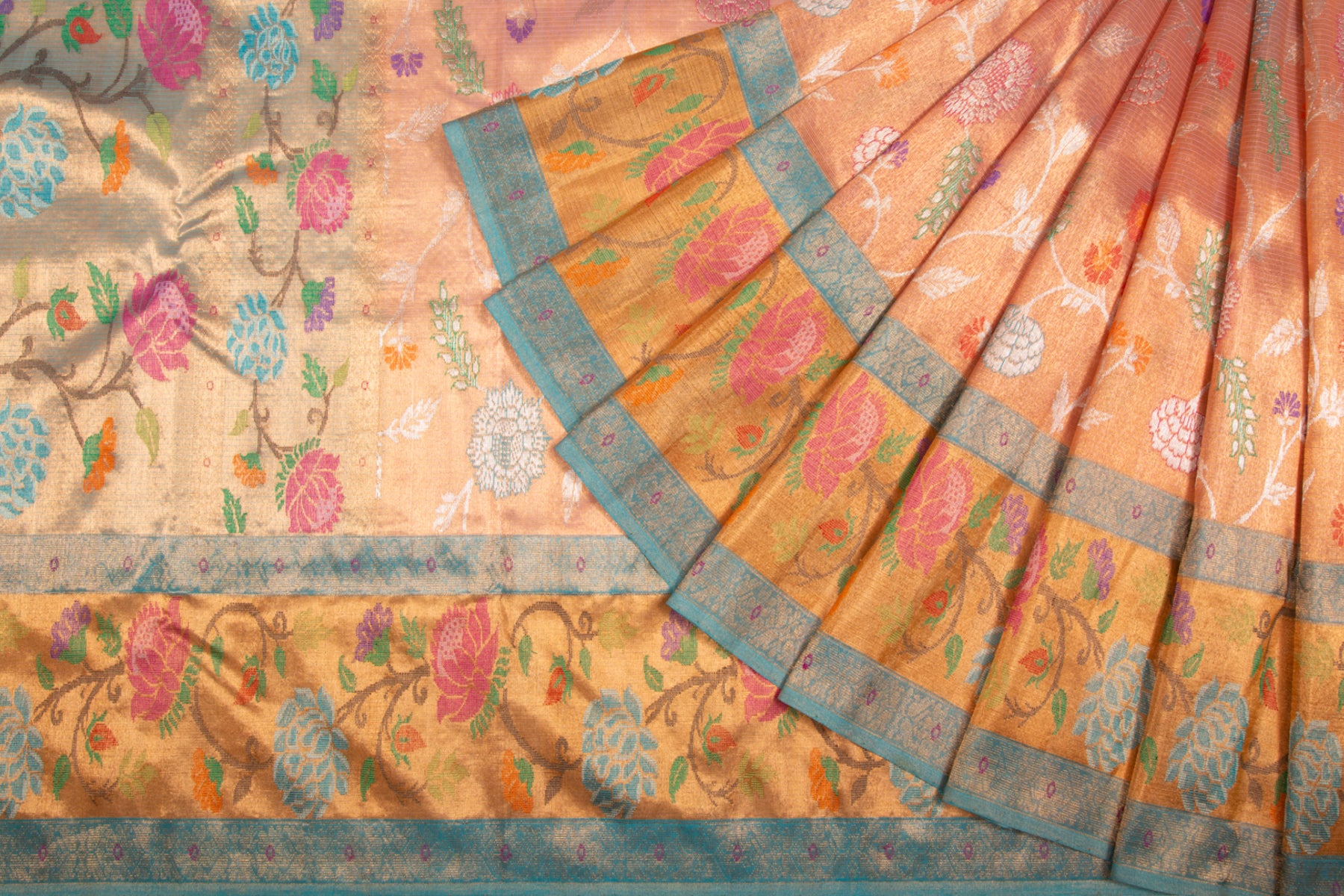 Kota Silk Tissue Jaal Peach Saree