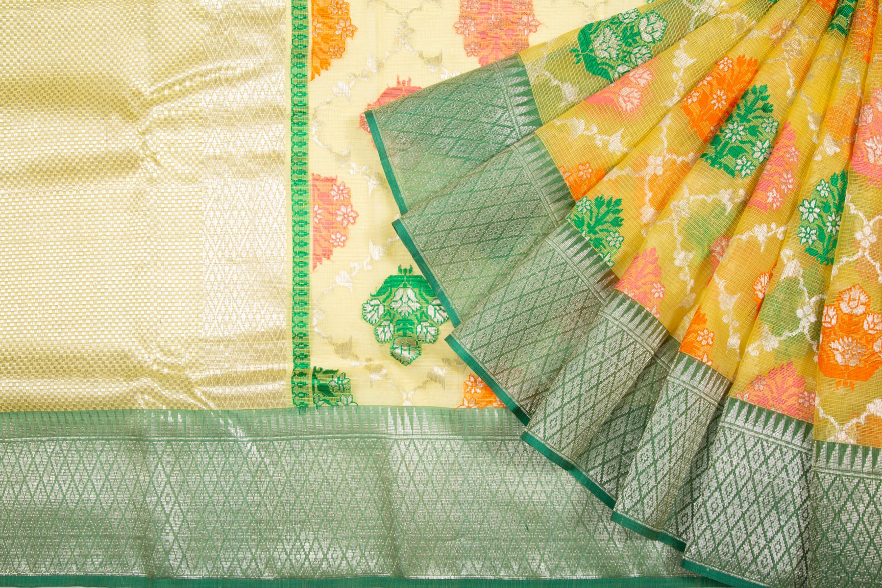 Kota Silk Jaal And Butta Yellow Saree