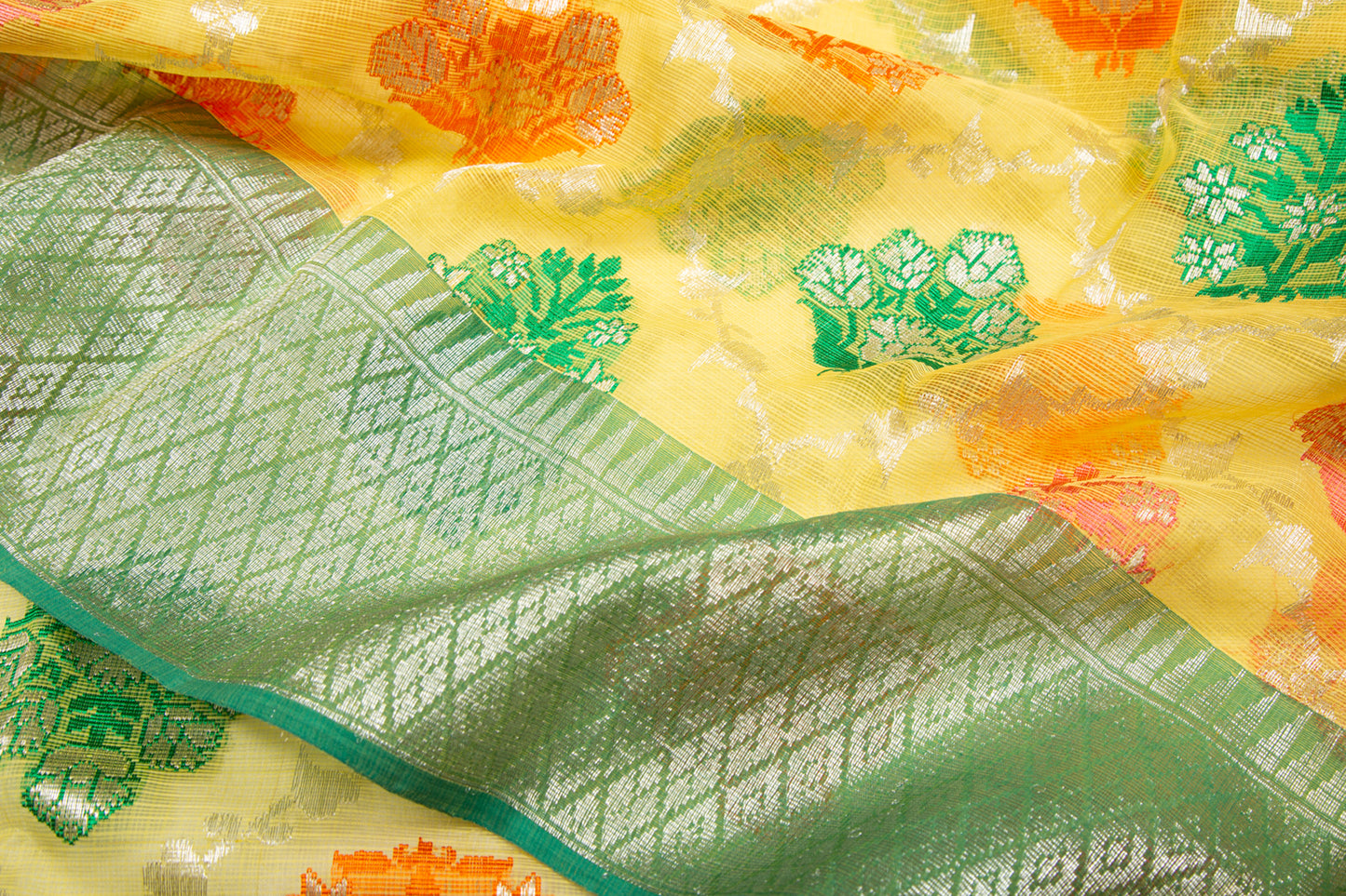 Kota Silk Jaal And Butta Yellow Saree