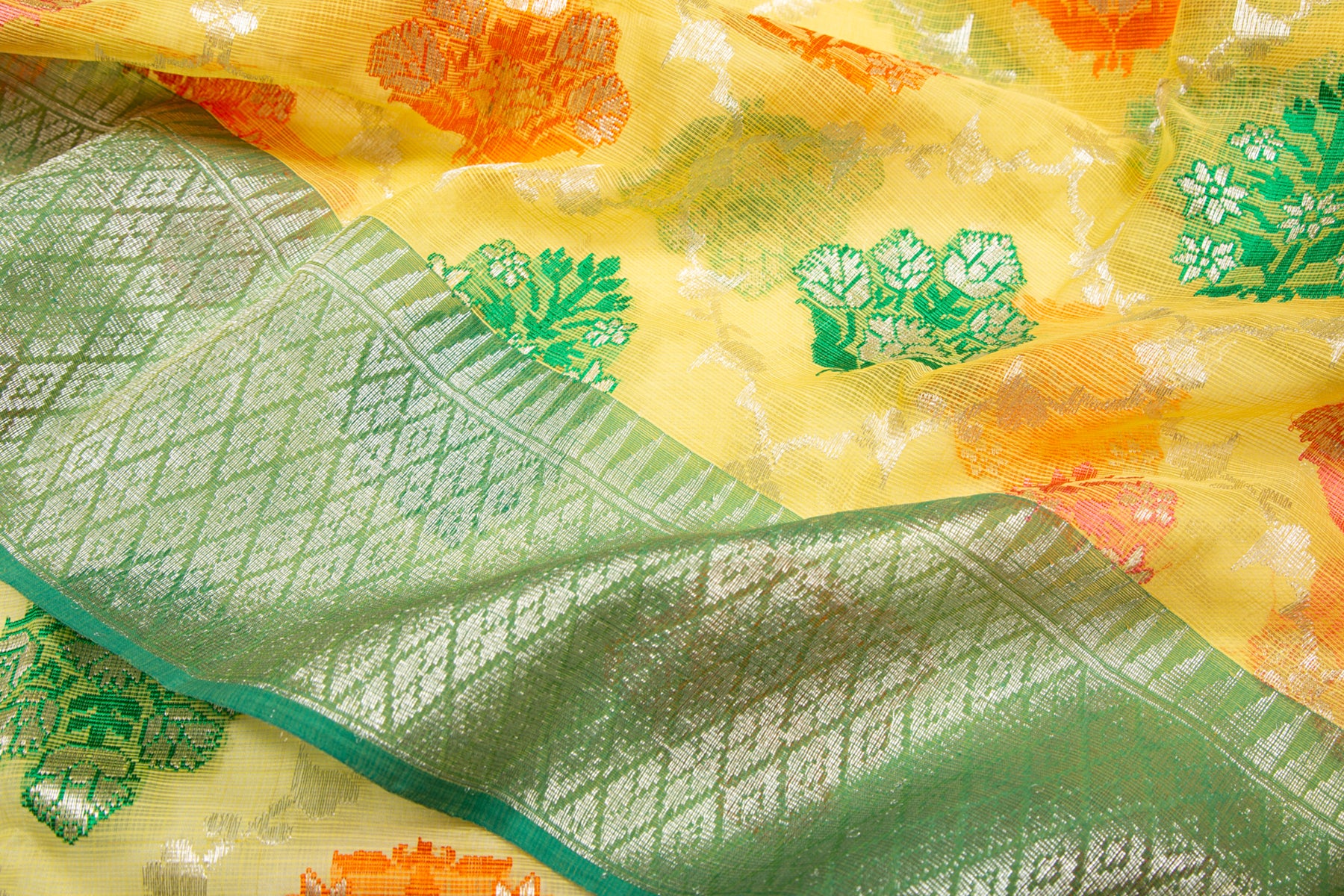 Kota Silk Jaal And Butta Yellow Saree