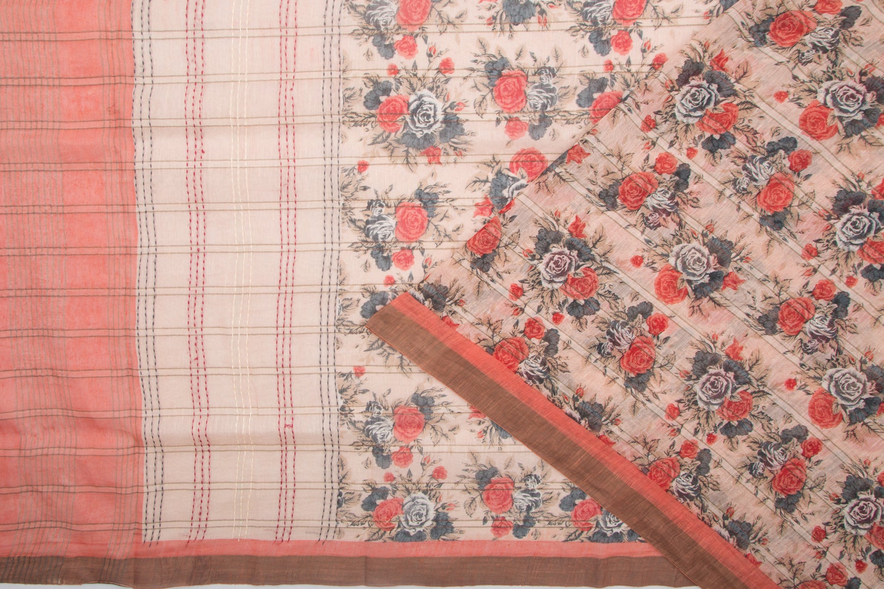 Linen Floral Printed Cream Saree