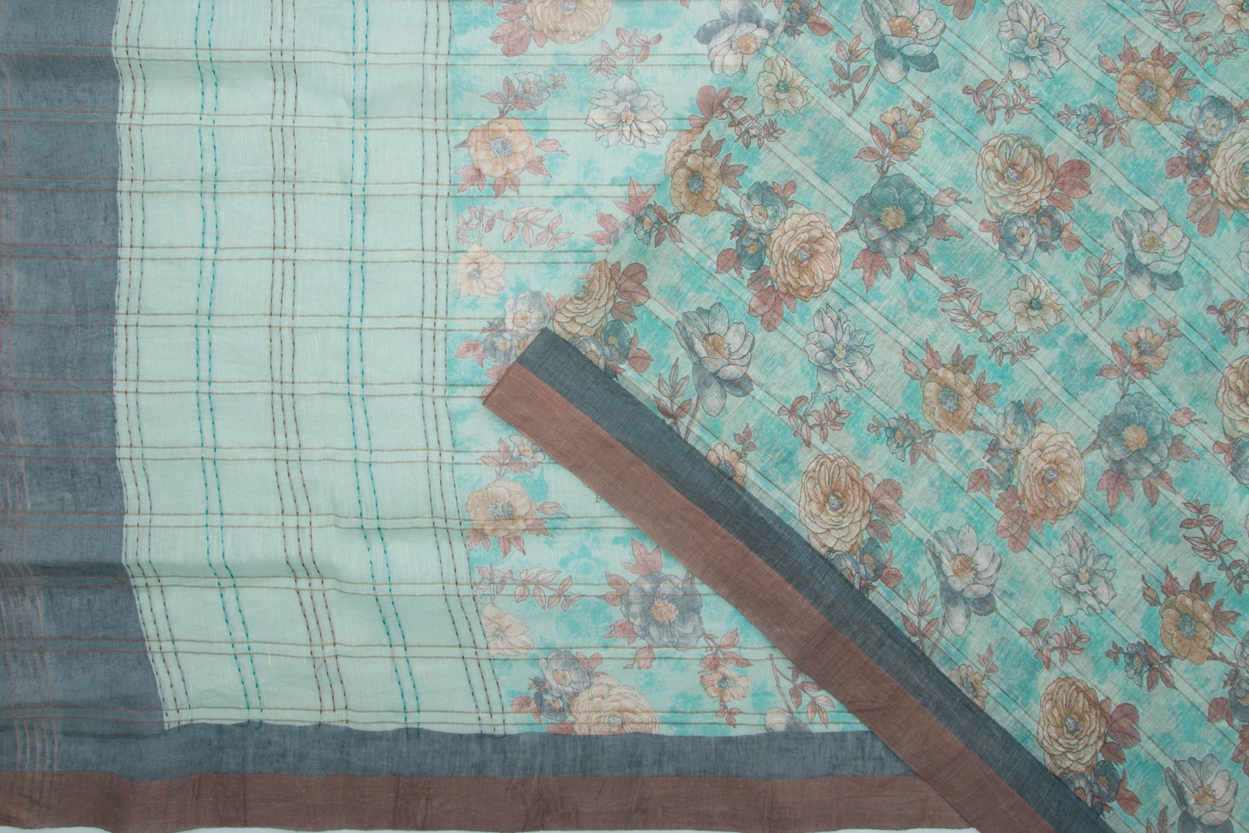 Linen Floral Printed Sea Green Saree