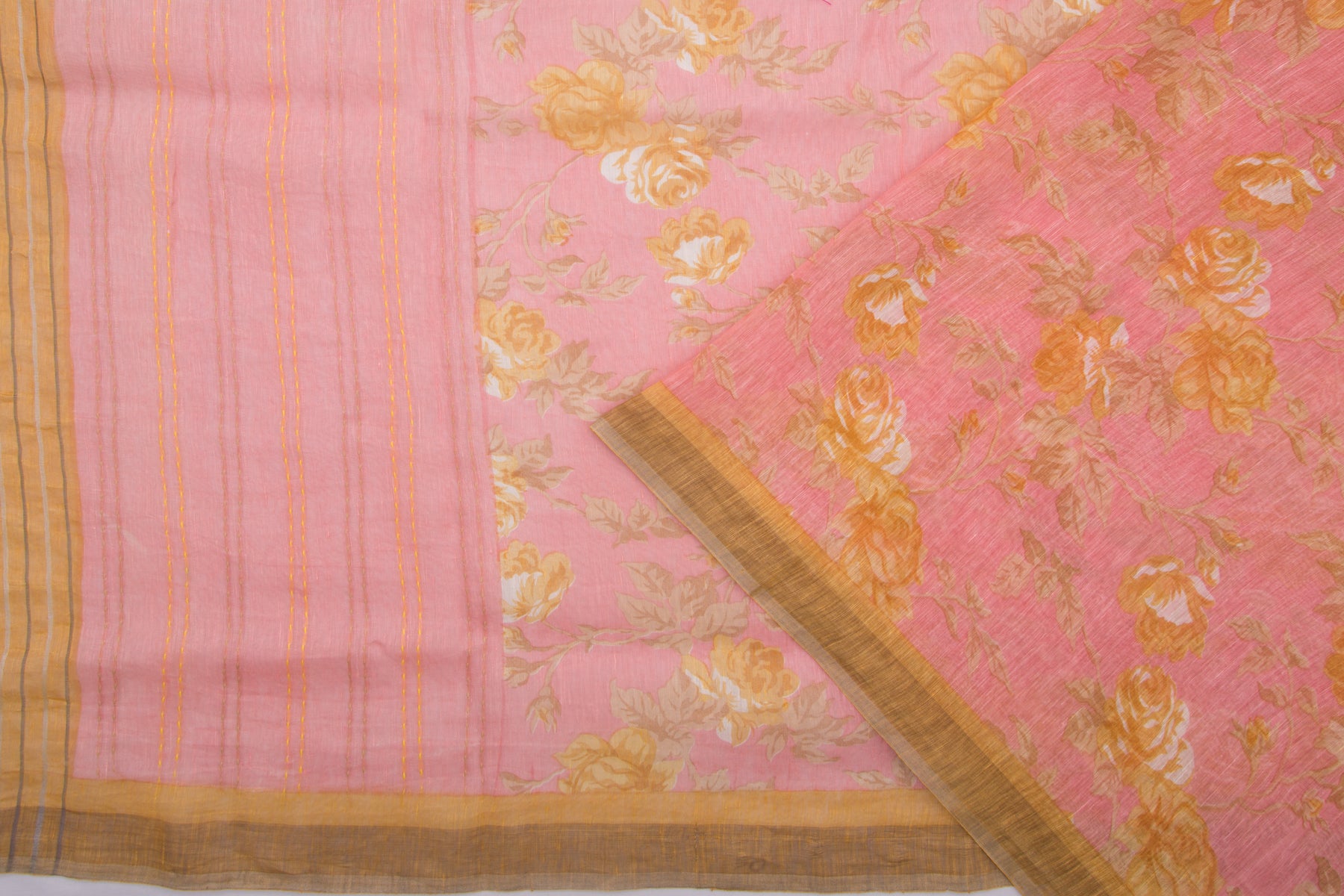 Linen Floral Printed Pink Saree