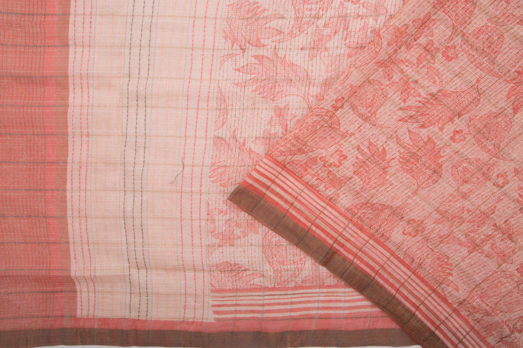 Linen Checks And Floral Printed Off-White Saree