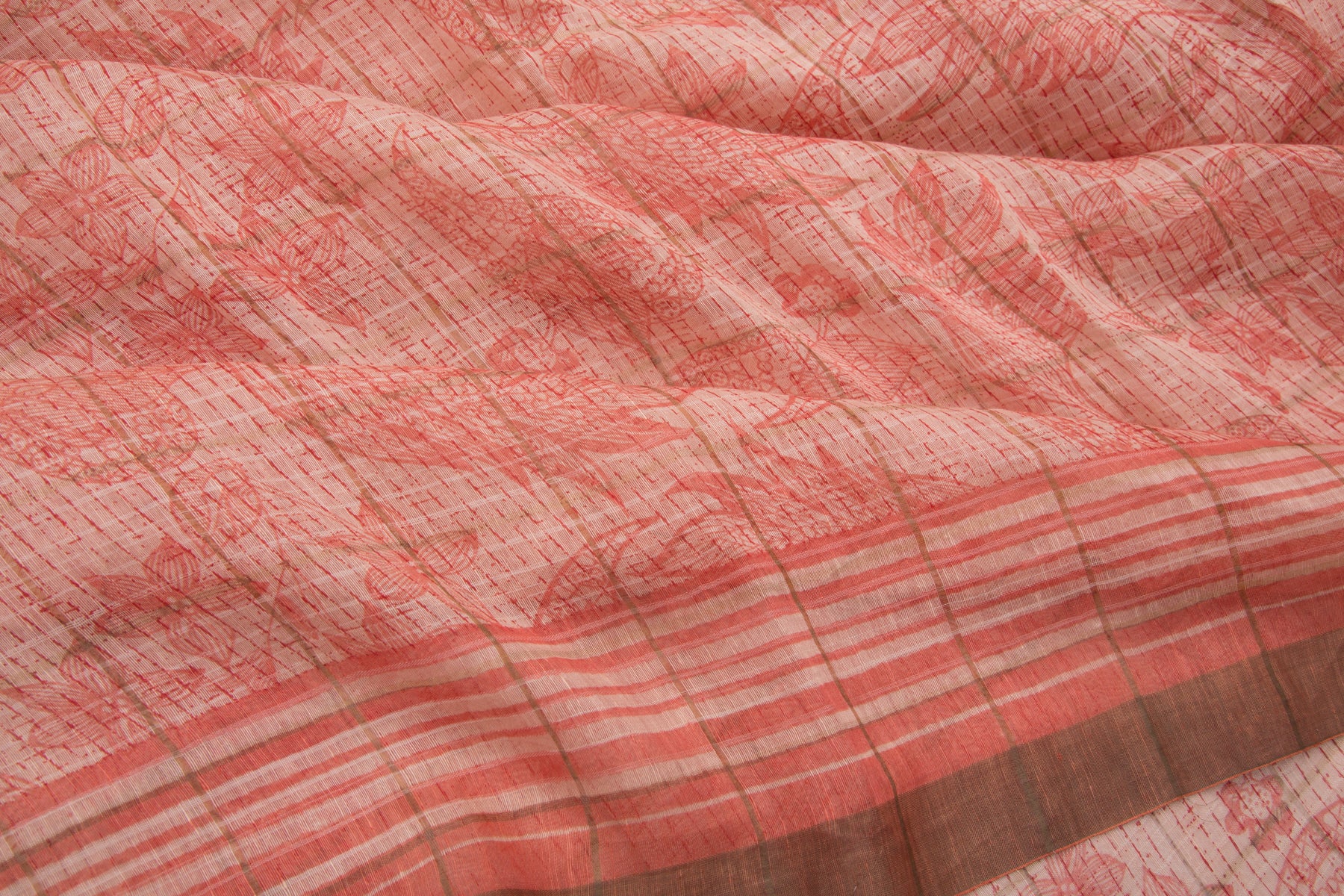Linen Checks And Floral Printed Off-White Saree