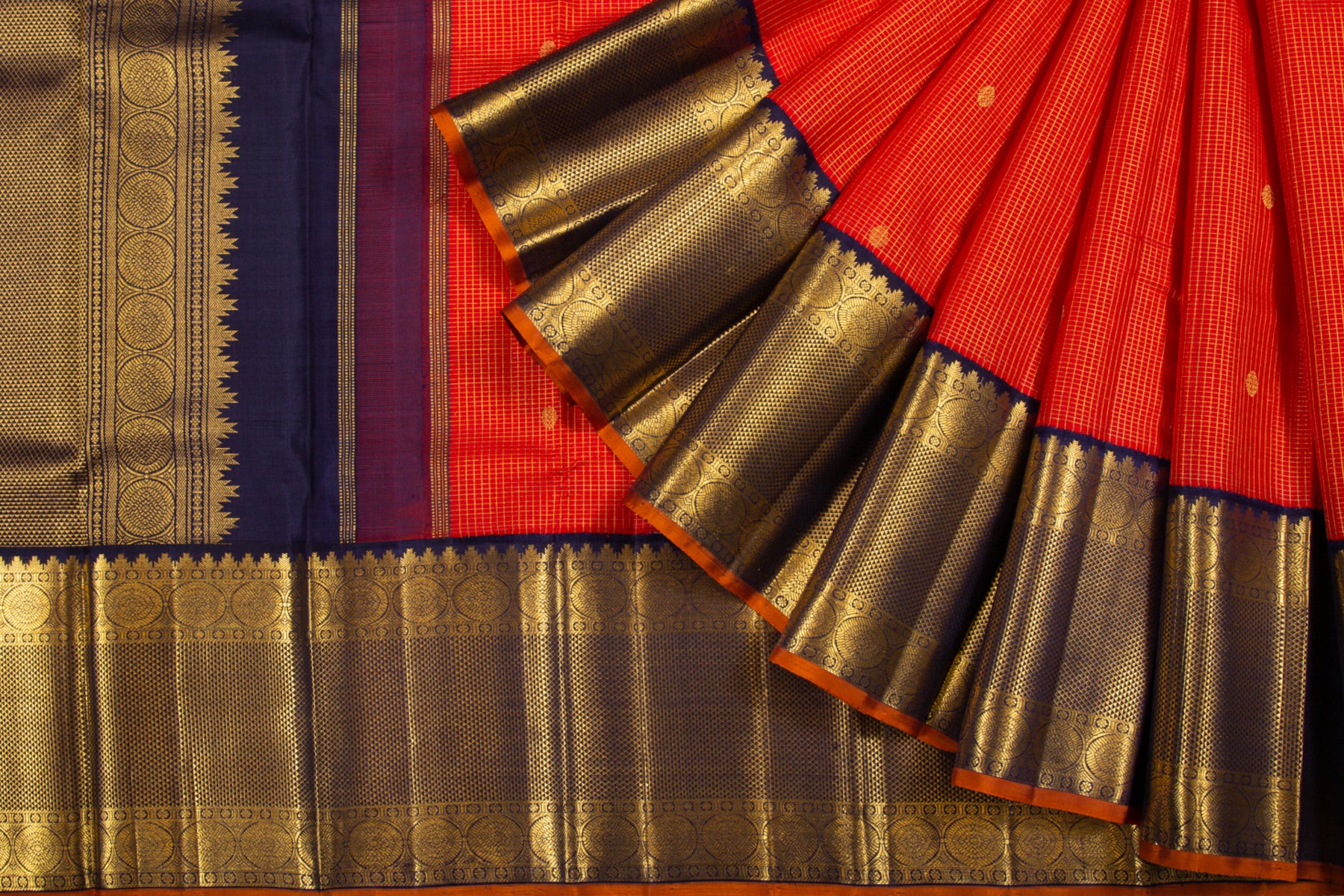 Kanchipuram Silk Checks And Butta Orange Saree