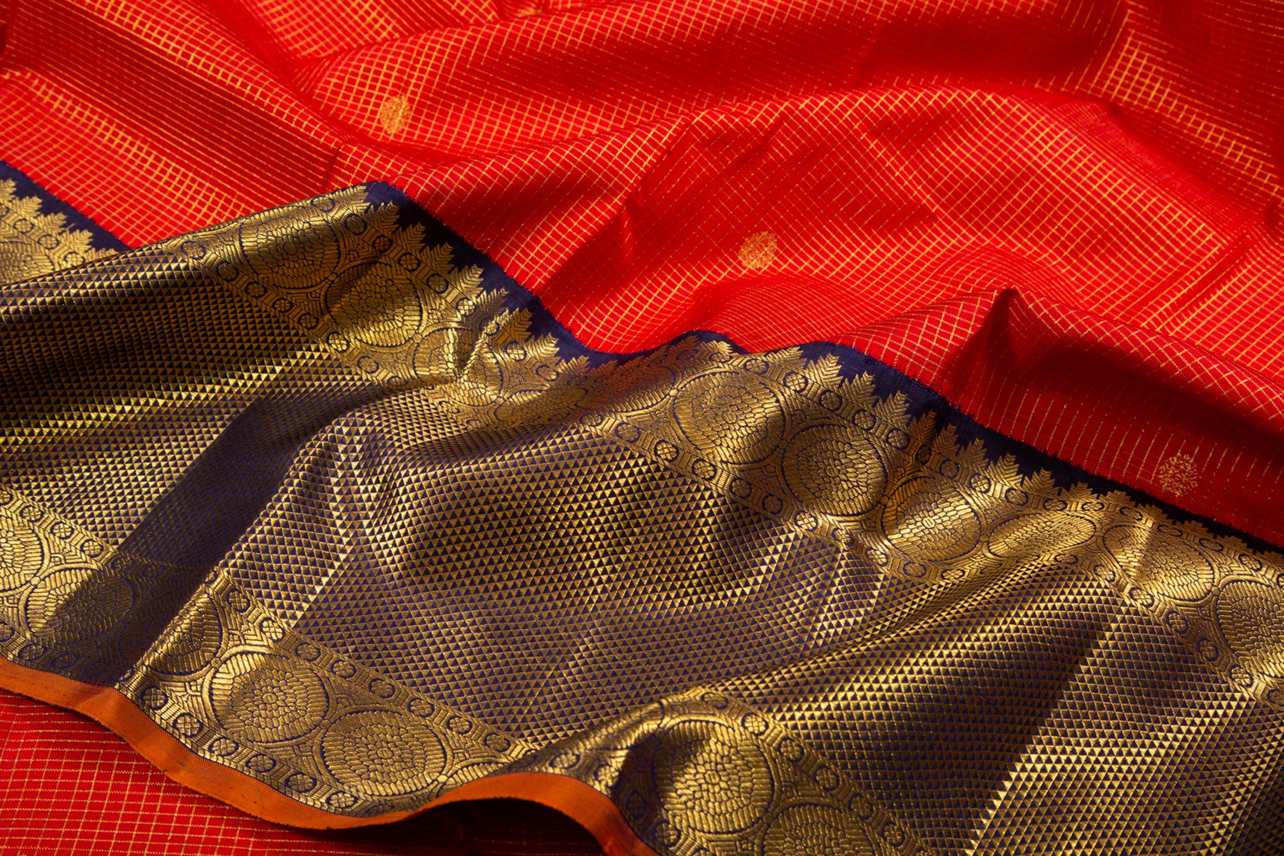 Kanchipuram Silk Checks And Butta Orange Saree
