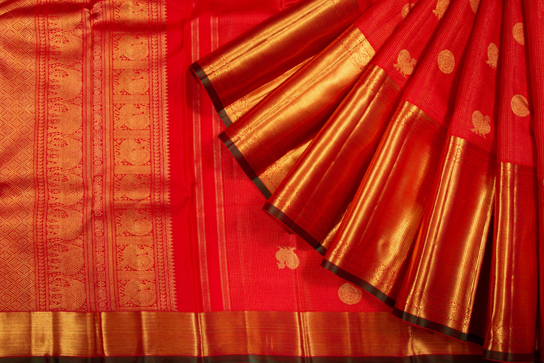 Kanchipuram Silk Checks And Butta Red Saree