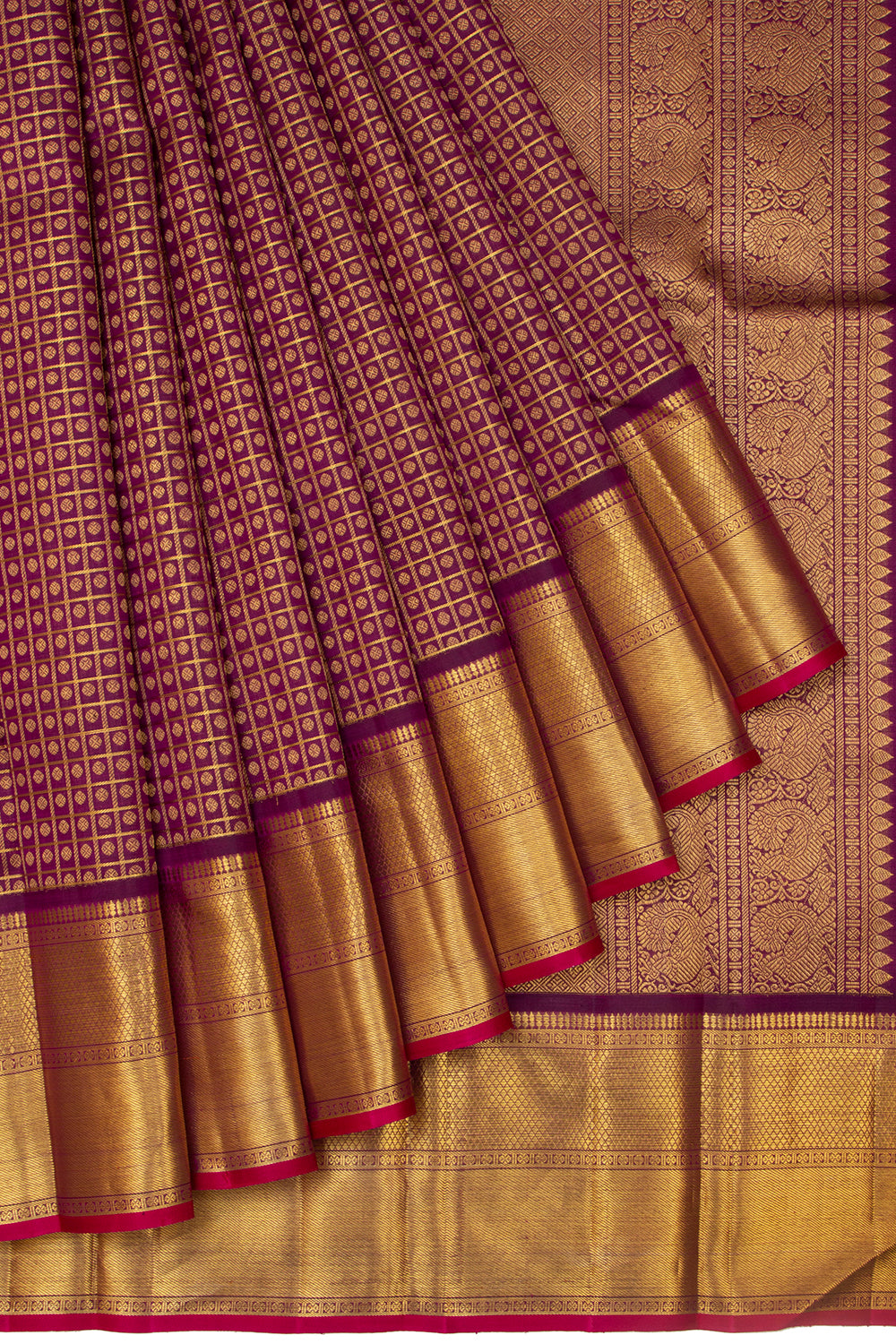 Kanchipuram Silk Checks And Butta Burgundy Saree