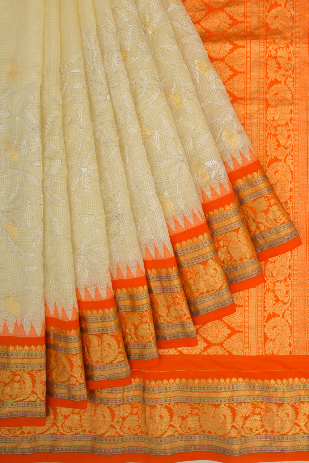 Kota Silk Embroidery And Butta Cream Saree With Kanchi Border