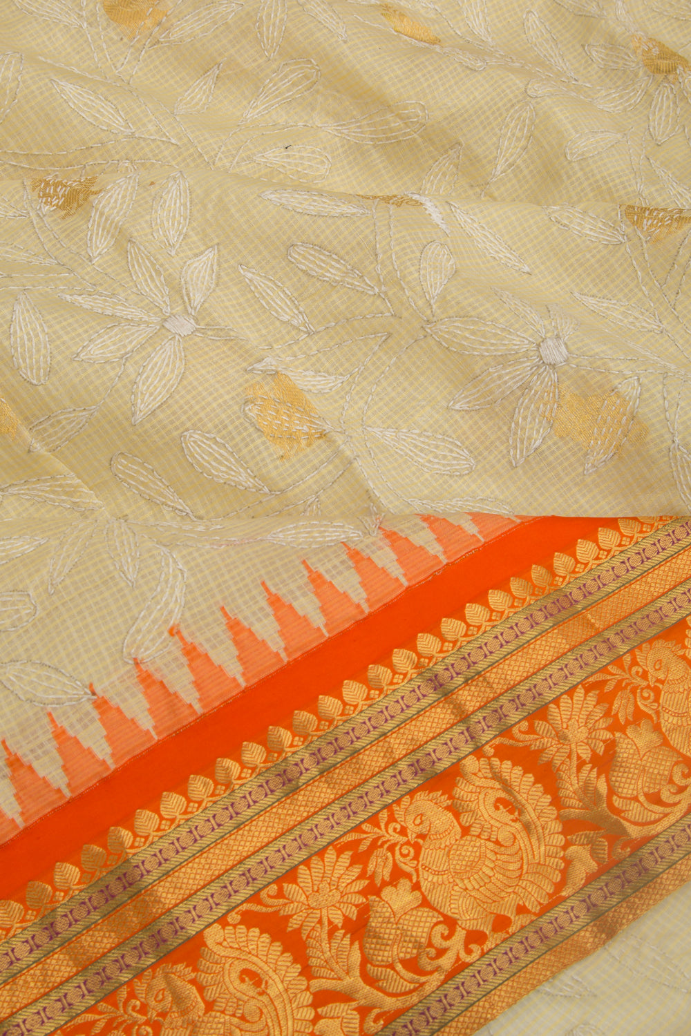 Kota Silk Embroidery And Butta Cream Saree With Kanchi Border