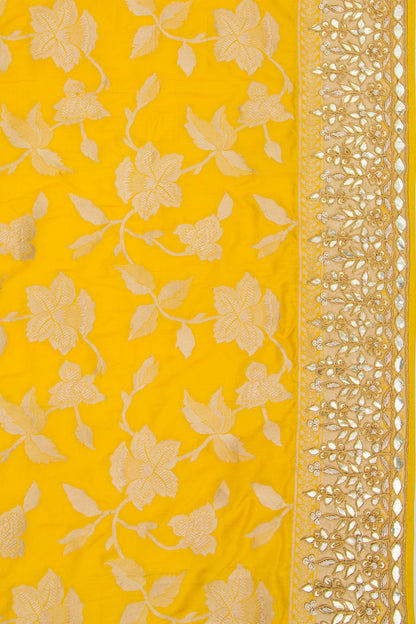 Banarasi Silk Jaal Yellow Saree With Gotta Patti Border