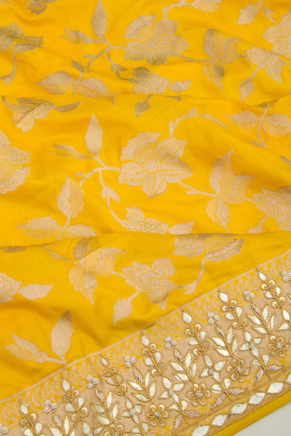 Banarasi Silk Jaal Yellow Saree With Gotta Patti Border