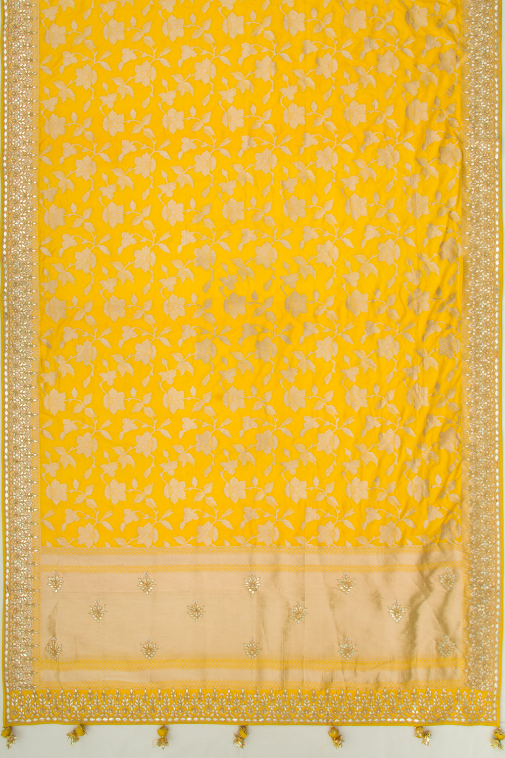 Banarasi Silk Jaal Yellow Saree With Gotta Patti Border