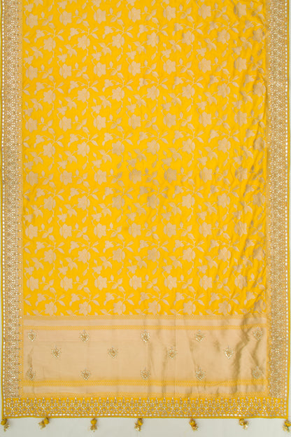 Banarasi Silk Jaal Yellow Saree With Gotta Patti Border