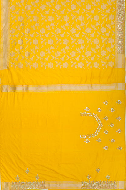 Banarasi Silk Jaal Yellow Saree With Gotta Patti Border