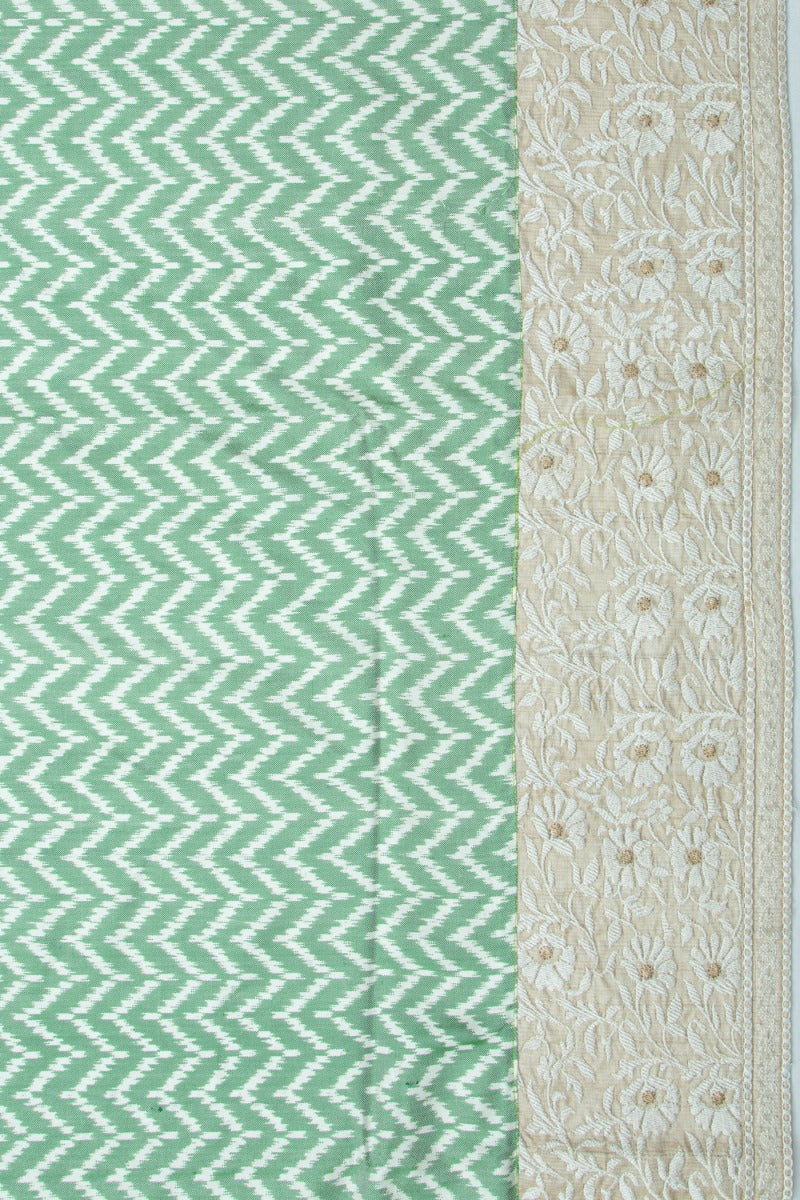 Semi Patan Patola Silk Ikat Green Saree With Chikankari Border