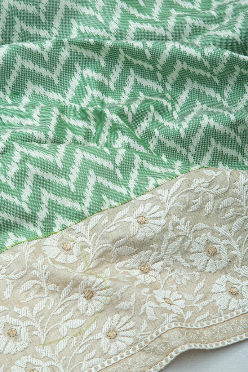 Semi Patan Patola Silk Ikat Green Saree With Chikankari Border