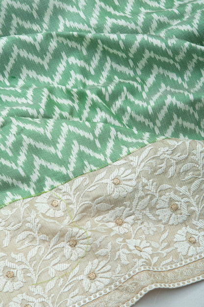 Semi Patan Patola Silk Ikat Green Saree With Chikankari Border