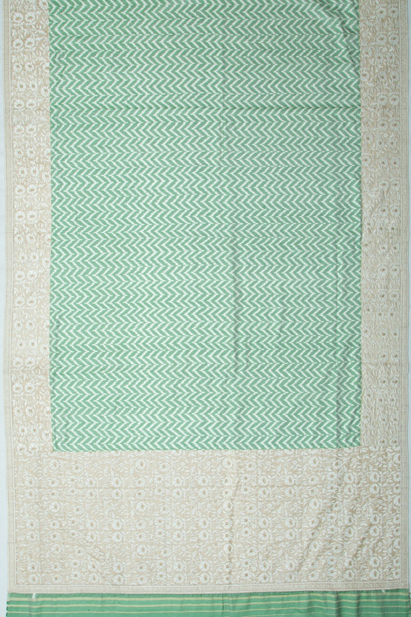 Semi Patan Patola Silk Ikat Green Saree With Chikankari Border