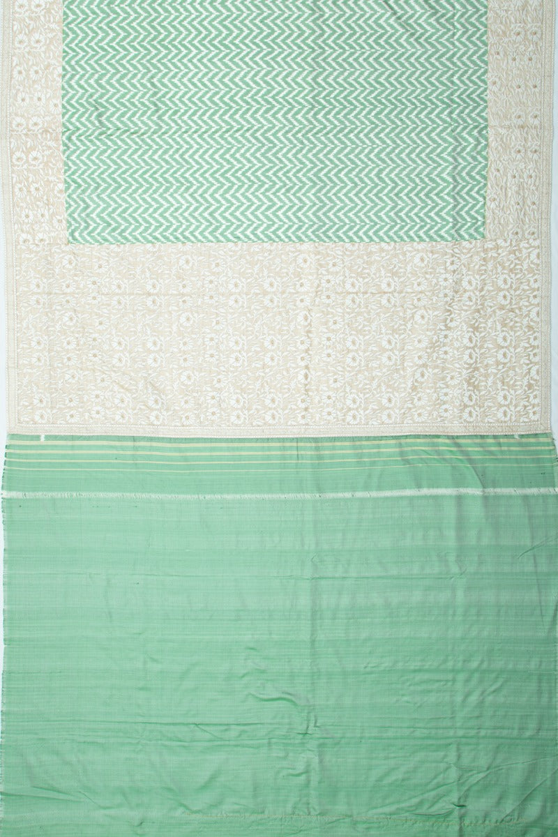 Semi Patan Patola Silk Ikat Green Saree With Chikankari Border