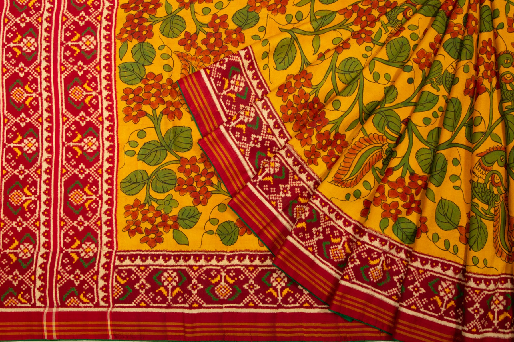 Patan Patola Silk Kalamkari Handpainted Yellow Saree