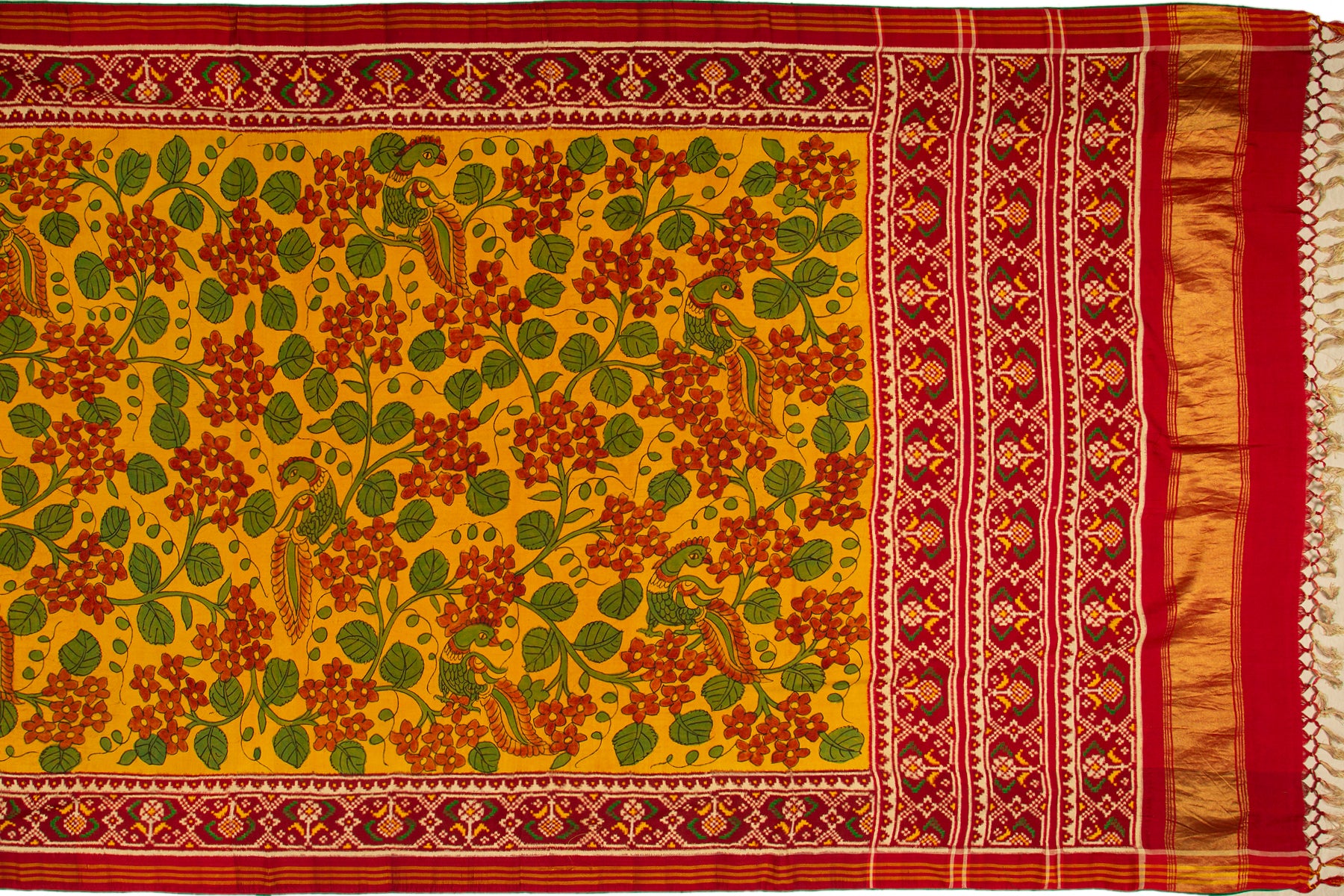 Patan Patola Silk Kalamkari Handpainted Yellow Saree