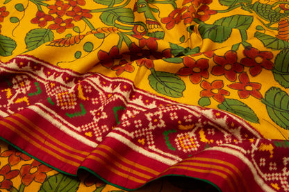 Patan Patola Silk Kalamkari Handpainted Yellow Saree