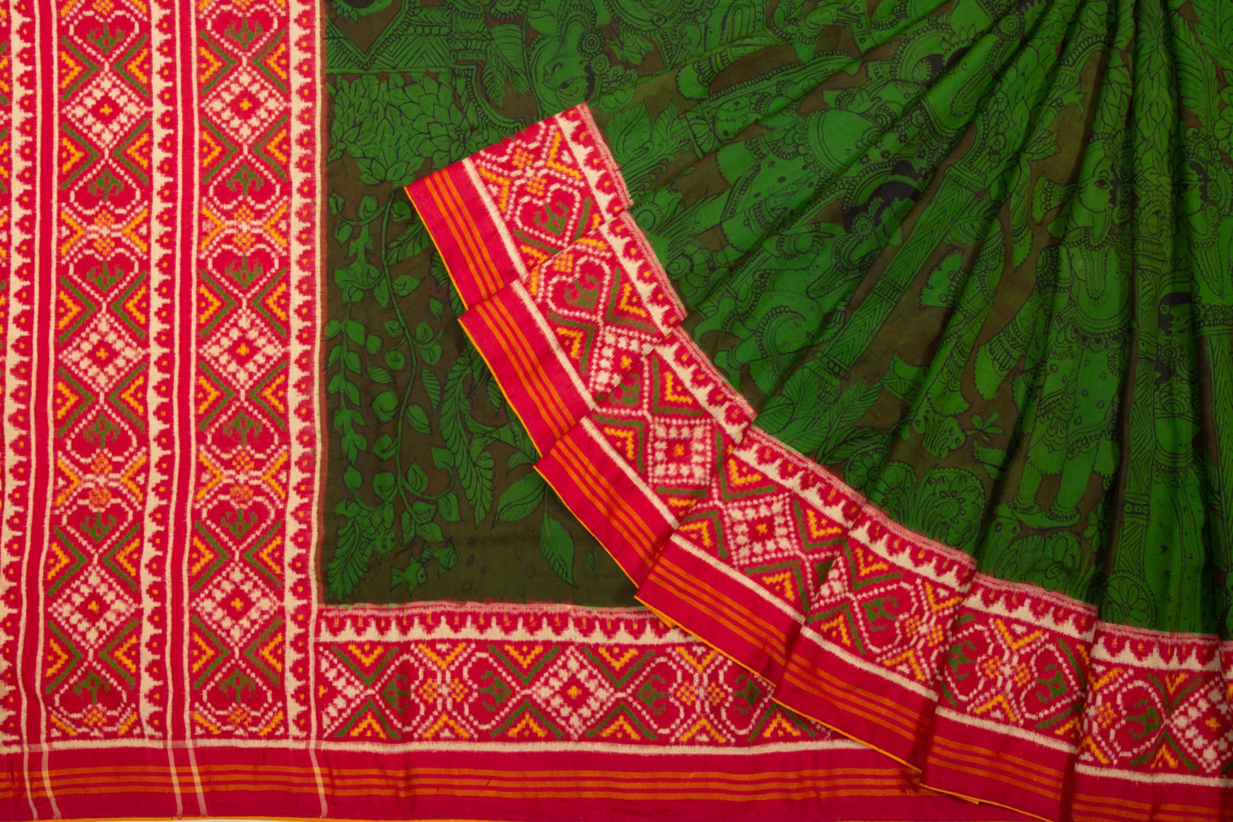 Patan Patola Silk Kalamkari Handpainted Green Saree