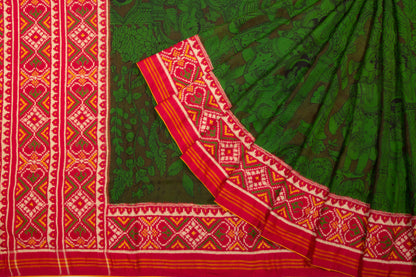 Patan Patola Silk Kalamkari Handpainted Green Saree