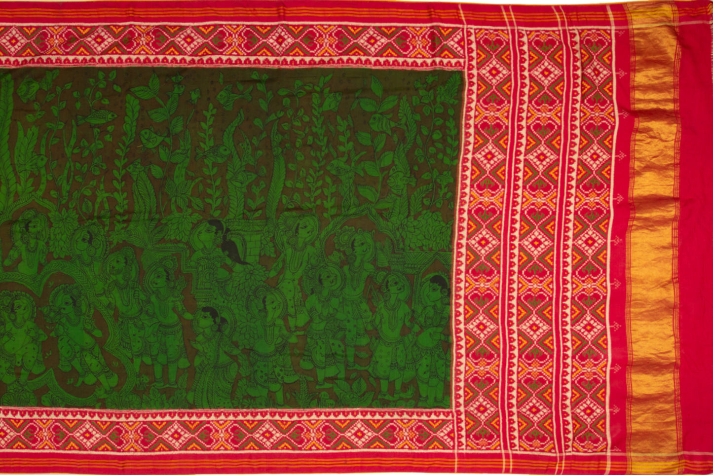 Patan Patola Silk Kalamkari Handpainted Green Saree