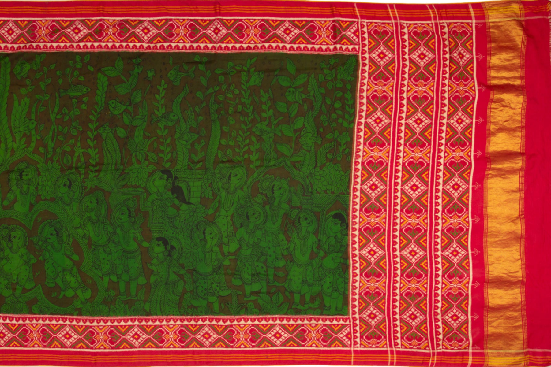 Patan Patola Silk Kalamkari Handpainted Green Saree