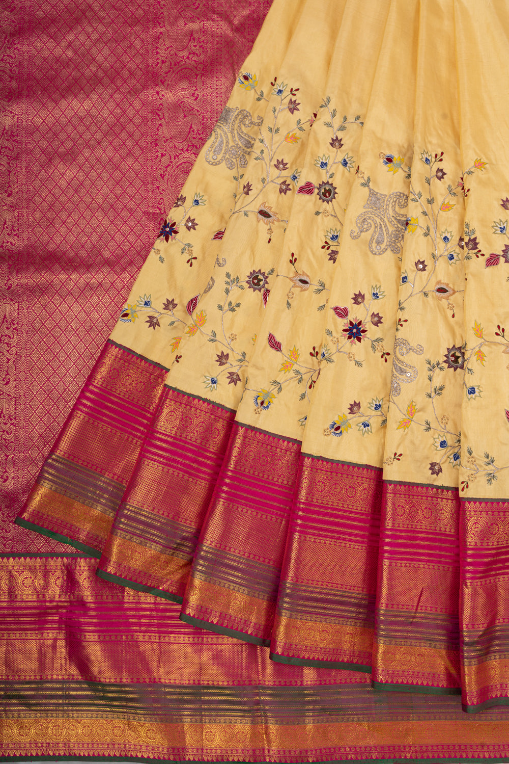 Kanchipuram Silk Hand Embroidery Yellow Saree