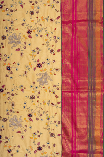 Kanchipuram Silk Hand Embroidery Yellow Saree