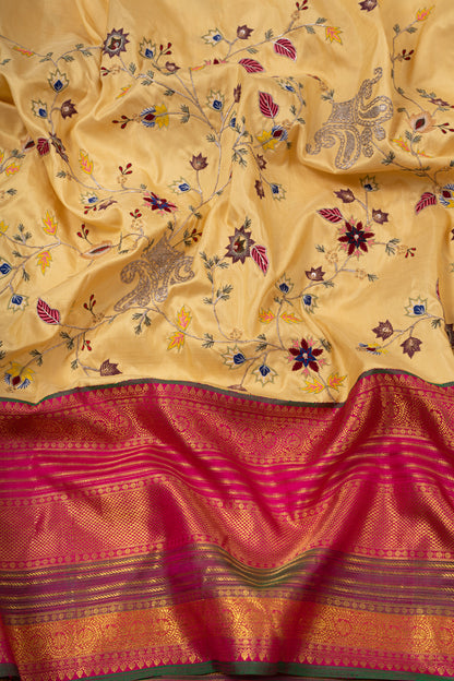 Kanchipuram Silk Hand Embroidery Yellow Saree