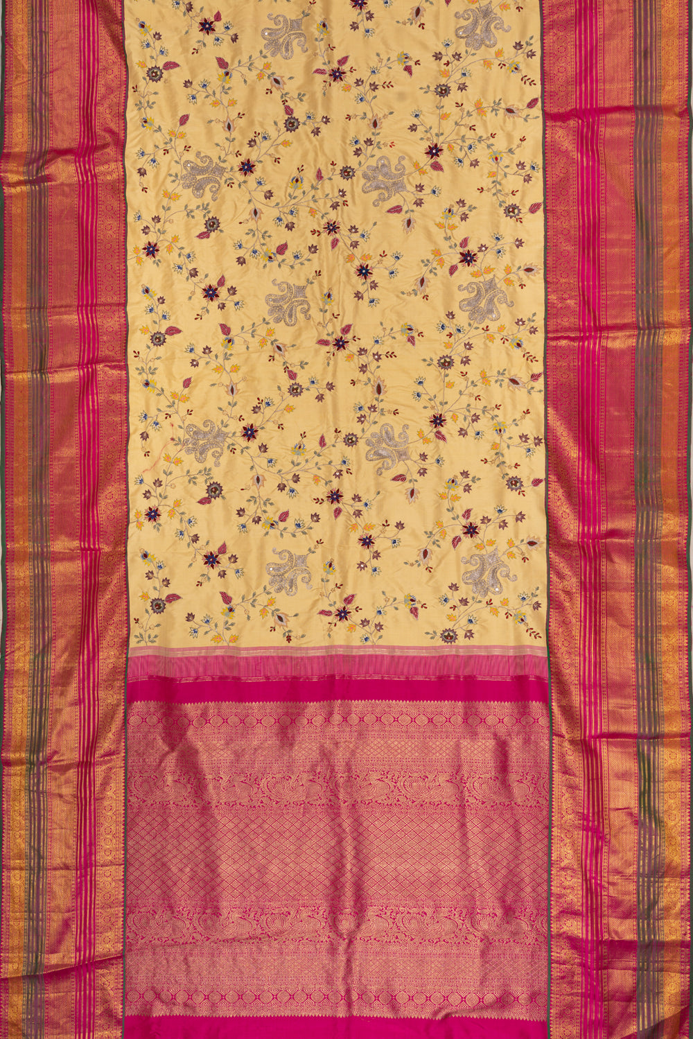 Kanchipuram Silk Hand Embroidery Yellow Saree