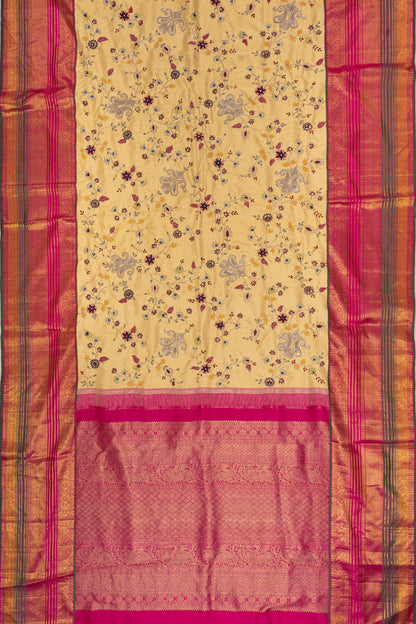 Kanchipuram Silk Hand Embroidery Yellow Saree
