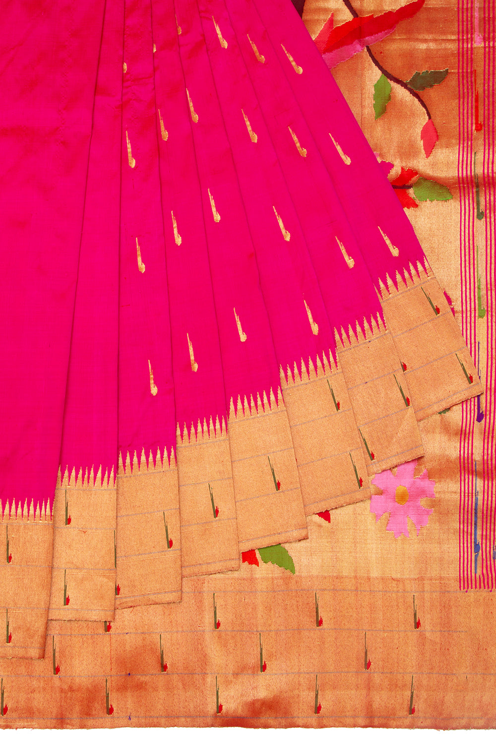 Paithani Silk Butta Pink Saree With Triple Muniya Border