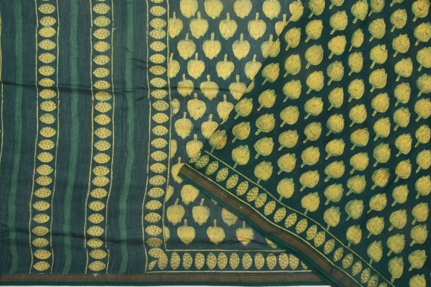 Chanderi Cotton Bagru Printed Green Saree