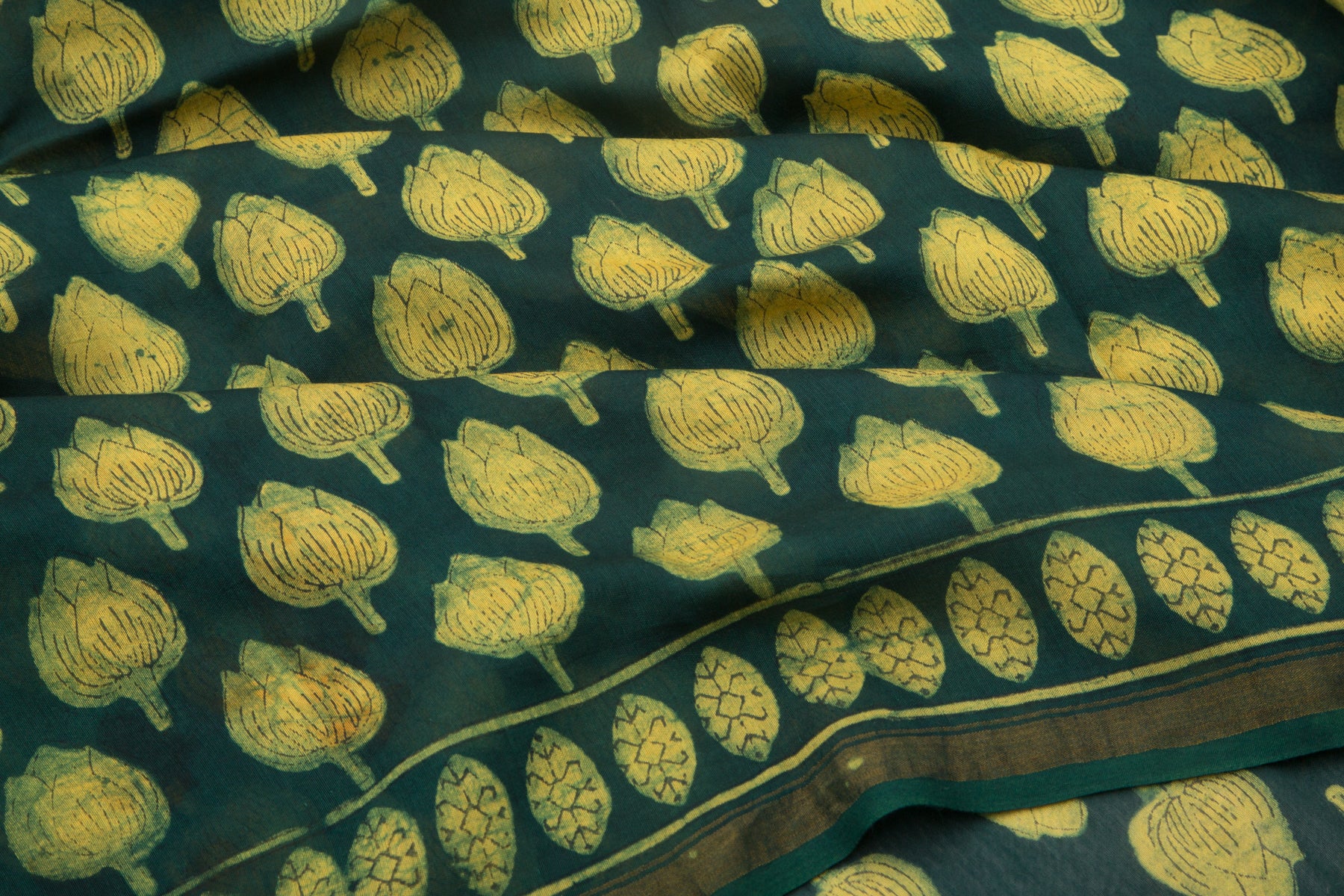 Chanderi Cotton Bagru Printed Green Saree