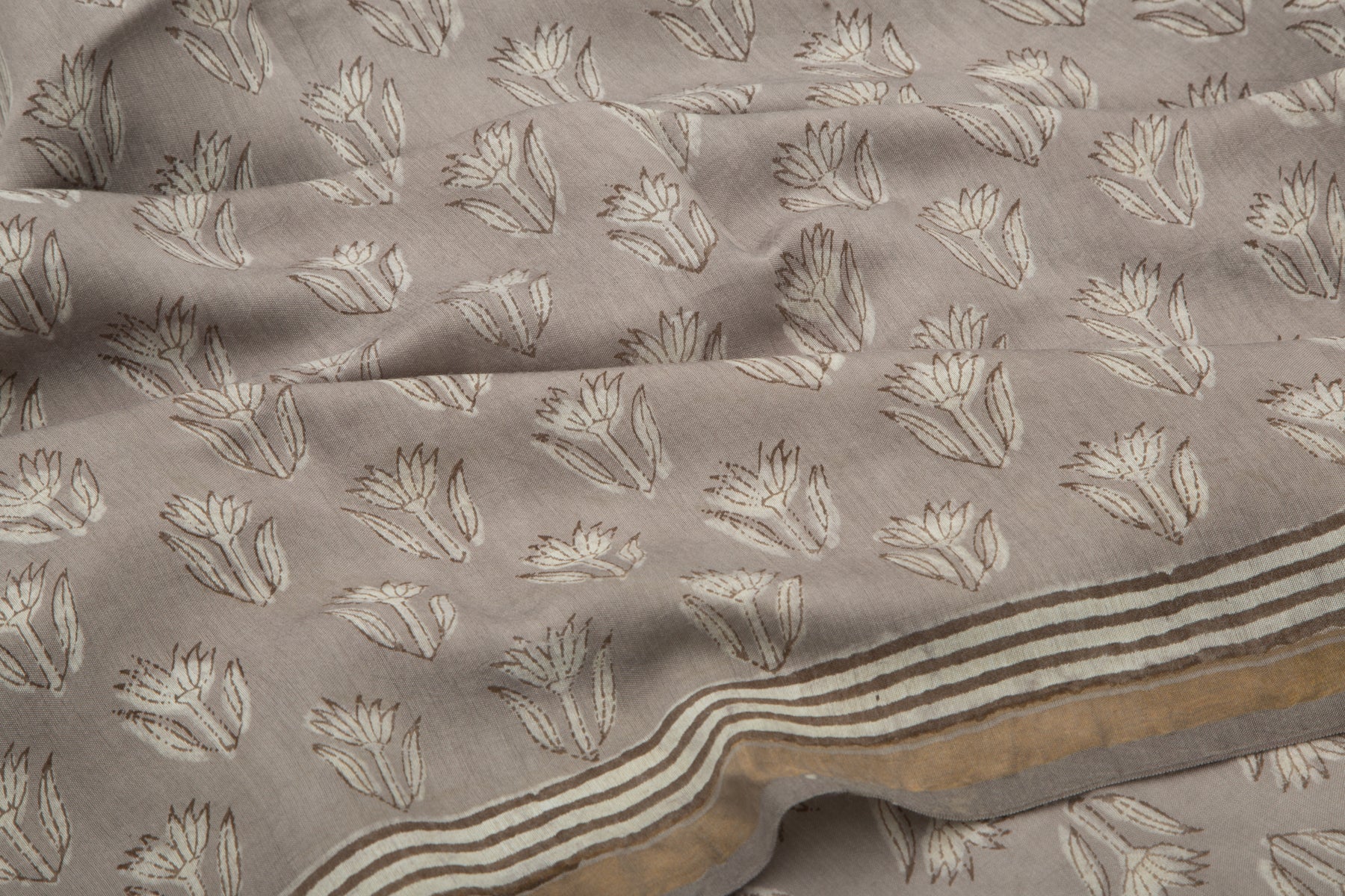 Chanderi Cotton Block Printed Grey Saree