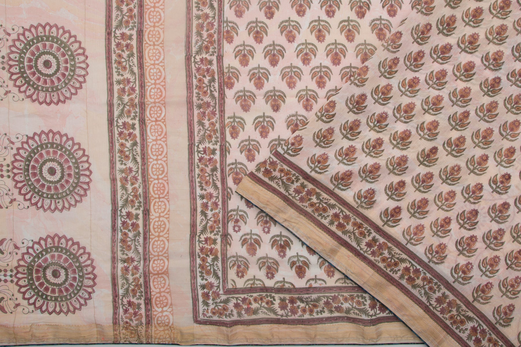 Chanderi Cotton Bagru Printed Cream Saree