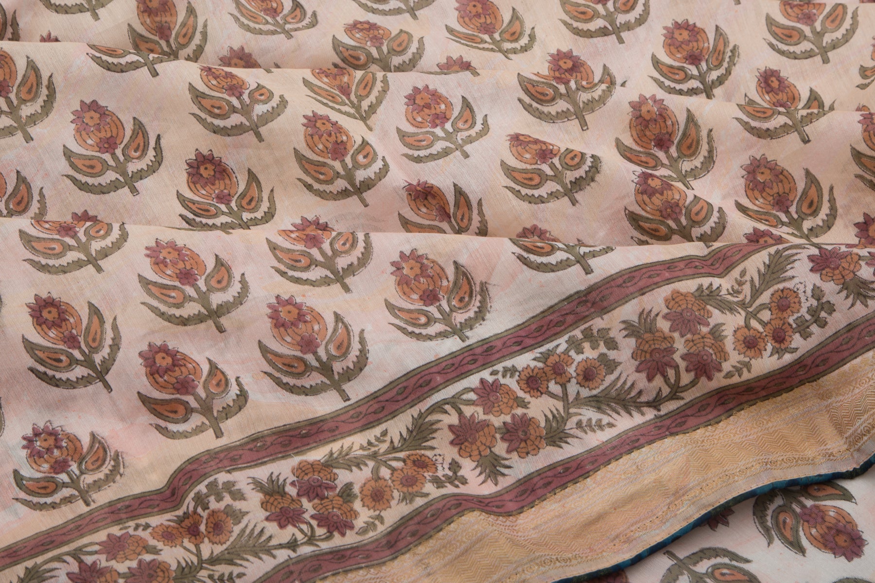 Chanderi Cotton Bagru Printed Cream Saree