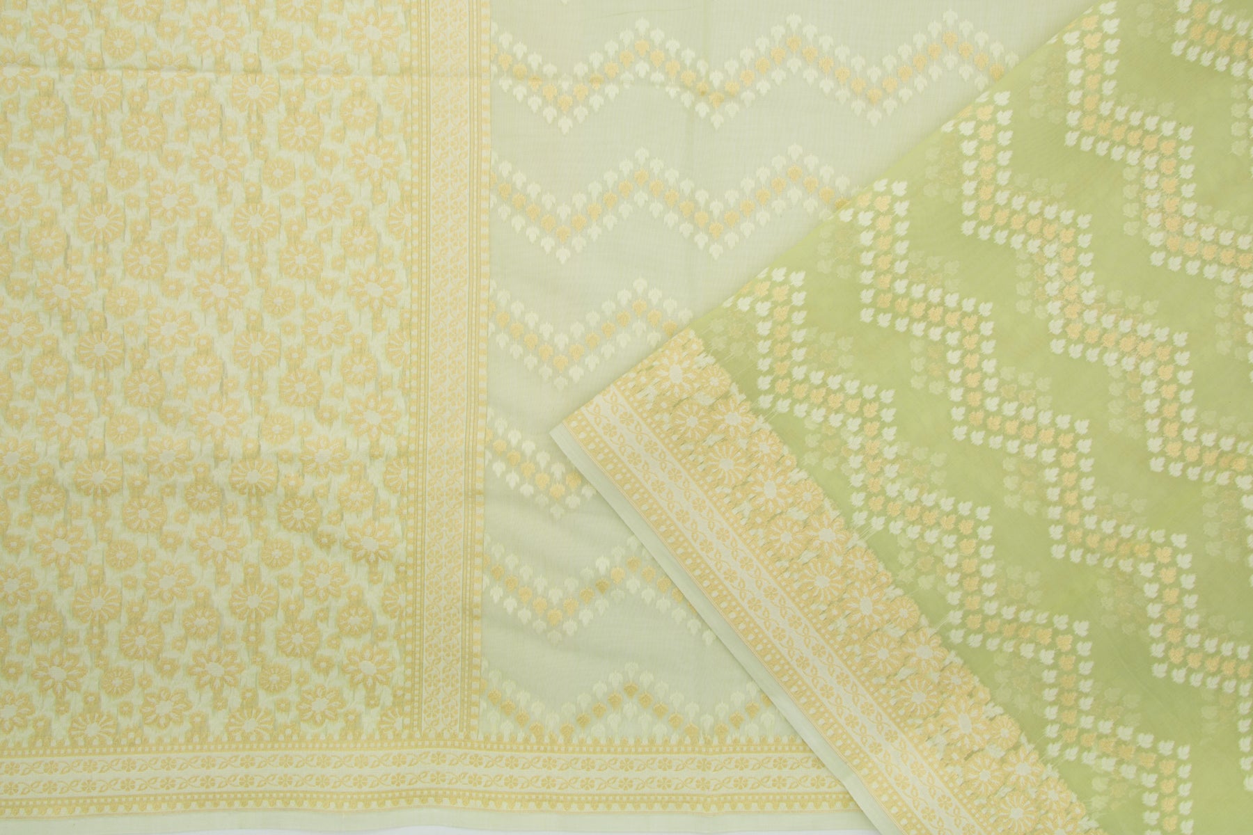 Chanderi Cotton Jaal Pista Green Saree